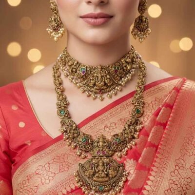 Antique Temple Lakshmi Long and Short neckpiece with earrings (Combo)