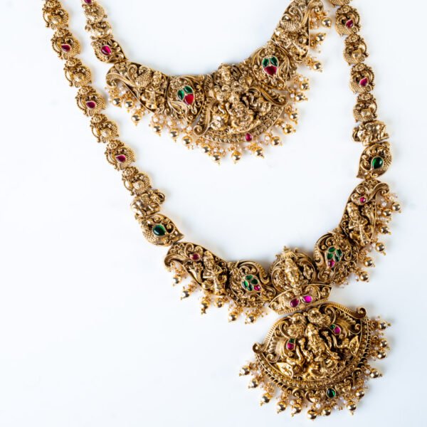 K1003 Antique Temple Lakshmi Long and Short neckpiece with earrings (Combo).