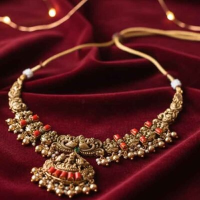 Antique premium-finish temple coral necklace with earrings