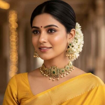 Emerald & Pearl Antique Polki-Style Choker Necklace Set with Jhumkas