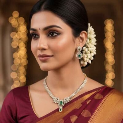 Sparkling American Diamond & Emerald Delicate Necklace Set