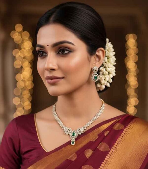 Sparkling American Diamond & Emerald Delicate Necklace Set