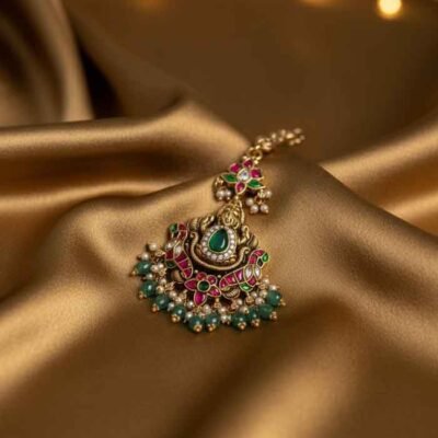 Heritage Style Maang Tikka with Emerald and Ruby Accents