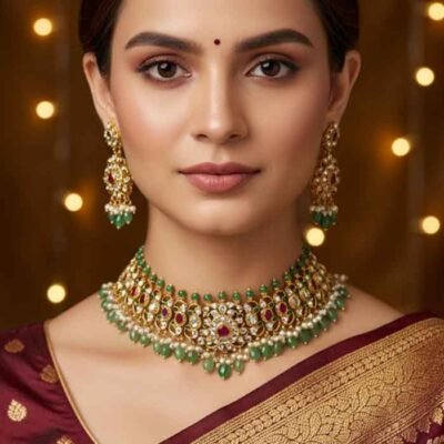 Traditional Gold-Plated Drop Earrings with Polki and Navaratna-Inspired Stones