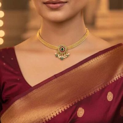 Antique Gold-Tone Temple Choker Necklace Set with Pearl Drops