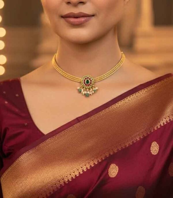 Antique Gold-Tone Temple Choker Necklace Set with Pearl Drops