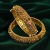 Antique Floral Kada Bangle with Ruby and Emerald Accents