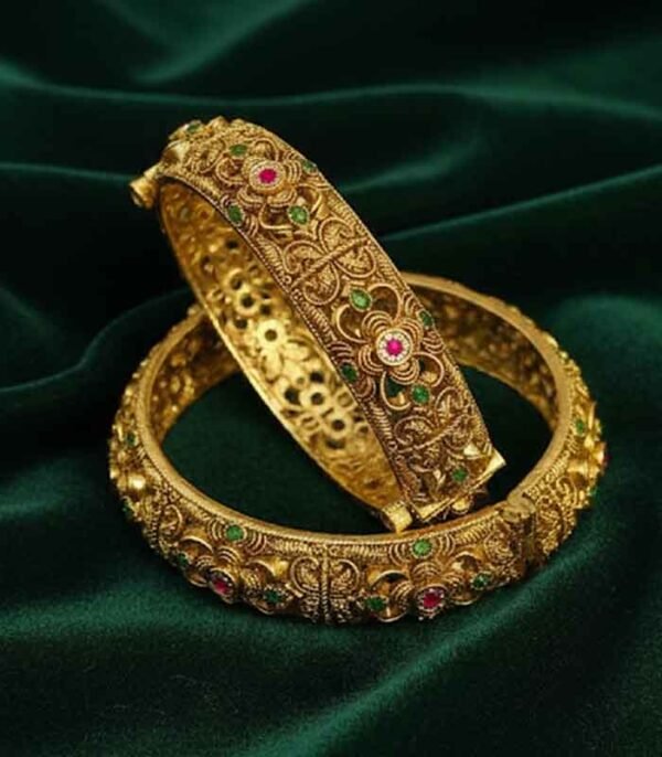 Antique Floral Kada Bangle with Ruby and Emerald Accents