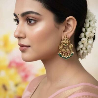 Ornate Antique Lakshmi and Peacock Chandbali-Style Earrings