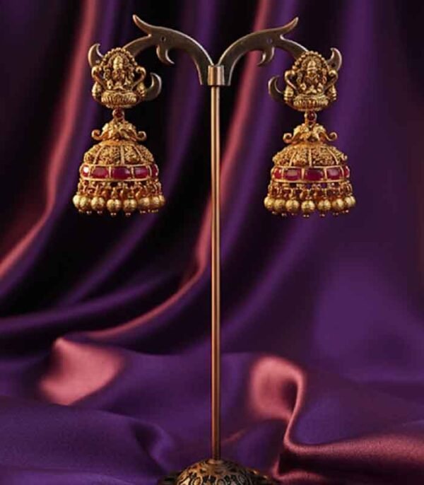 Traditional Antique Lakshmi Jhumka Earrings with Ruby Accents