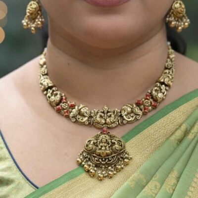 Antique Heavy Temple Choker Set with Lakshmi Pendant, Red & Green Drops