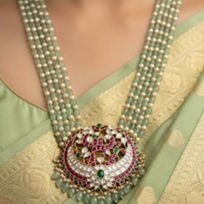 Multi-Layered Kundan Bridal Necklace with Mint Green and Ruby Pendant