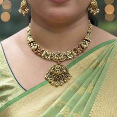 Antique Heavy Temple Choker Set with Lakshmi Pendant, Red & Green Drops