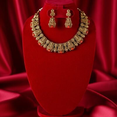 Antique Coral Red Temple Deity Choker Necklace Set