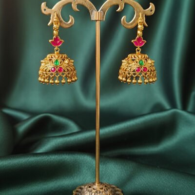 Classic Antique Jhumkas with Ruby and Emerald Accents