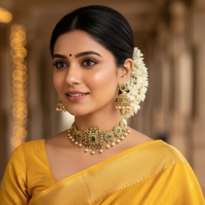 Emerald & Pearl Antique Polki-Style Choker Necklace Set with Jhumkas