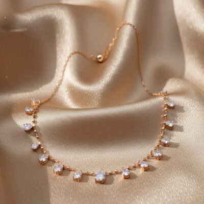 Rose Gold-Tone Sparkling Heart and Round Stone Chain