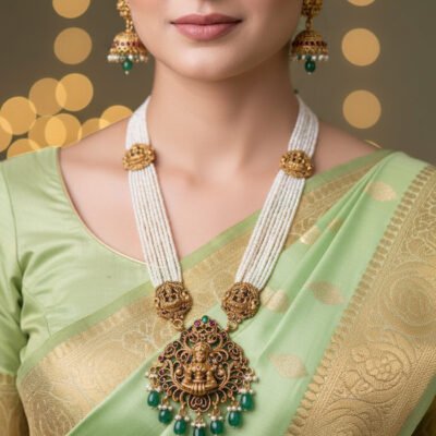 Antique Temple Lakshmi Pendant with Multi-Strand Pearl Necklace Set