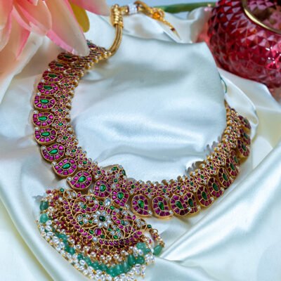 Regal Ruby, Emerald, and Pearl Stone-Studded Bridal Necklace