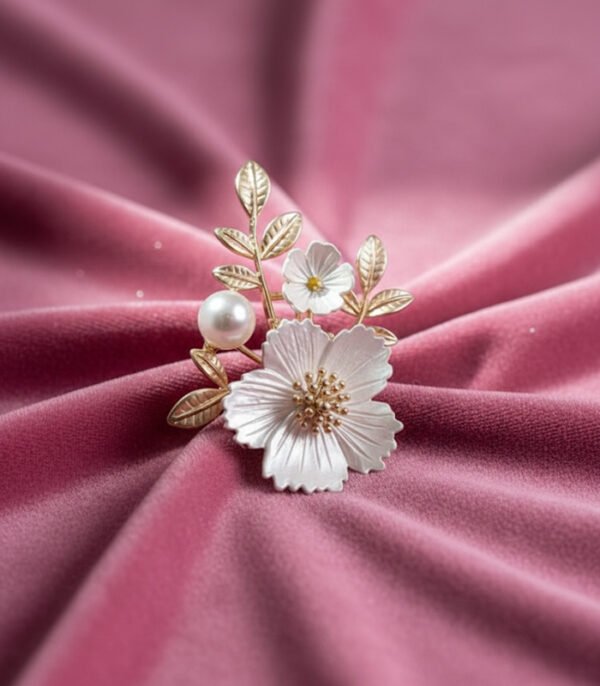 Elegant White Enamel Flower and Pearl Brooch