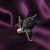 Celestial Black Enamel Butterfly Brooch with Pearl