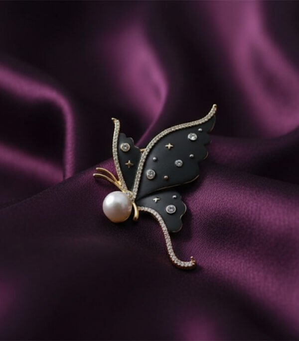 Celestial Black Enamel Butterfly Brooch with Pearl