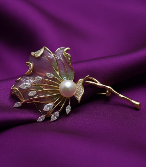 Shimmering Enamel Flower Brooch with Pearl and Marquise Crystals