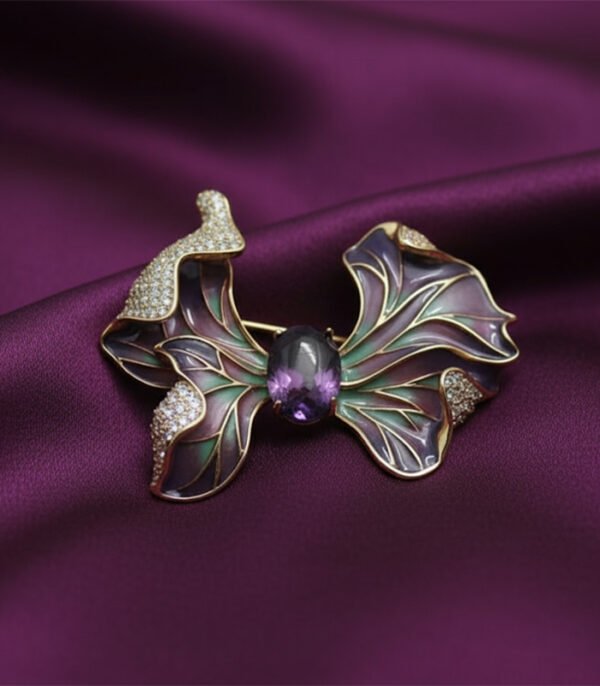 Stunning Enamel Iris Flower Brooch with Amethyst Center