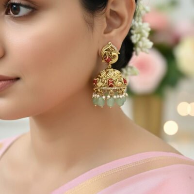 Ornate Temple Jewelry Jhumka Earrings with Sage Green Bead Drops