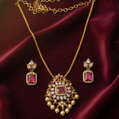 Ruby Stone Gold-Plated Necklace Set with Pearl Drops