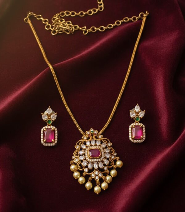Ruby Stone Gold-Plated Necklace Set with Pearl Drops