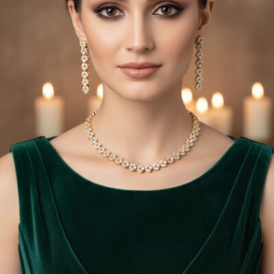 Gold-Plated CZ Diamond Leaf Necklace Set