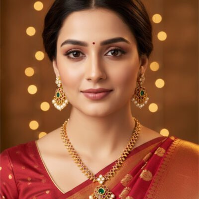 Gold-Plated Ruby & Emerald Necklace Set with Pearl Drops