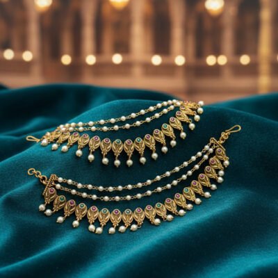 Traditional Gold-Plated Ear Maati with Ruby, Emerald & Pearl Detailing