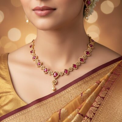 Ruby Kundan Necklace Set with Pearl Drops