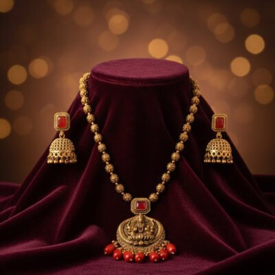 Antique Lakshmi Temple Necklace with Red Beads