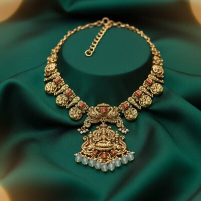 Intricate Antique Gold Temple Jewelry Necklace with Goddess and Stone Drops