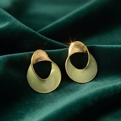 Modernist Sage Green Enamel and Gold Spiral Stud Earrings