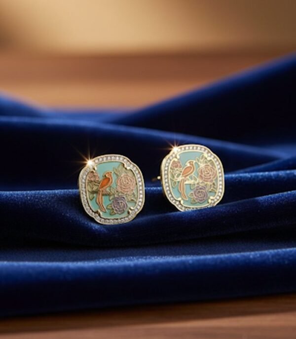 Exotic Bird and Floral Enamel Stud Earrings with Crystal Halo