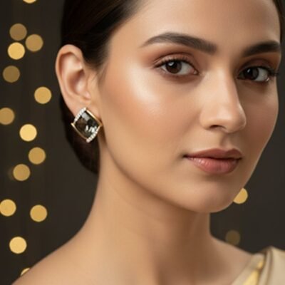 Smoky Quartz-Toned Crystal and Pave-Set Diamond-Shaped Stud Earrings