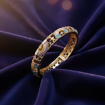 Ornate Gold-Tone Bangle with Turquoise and Enamel Accents