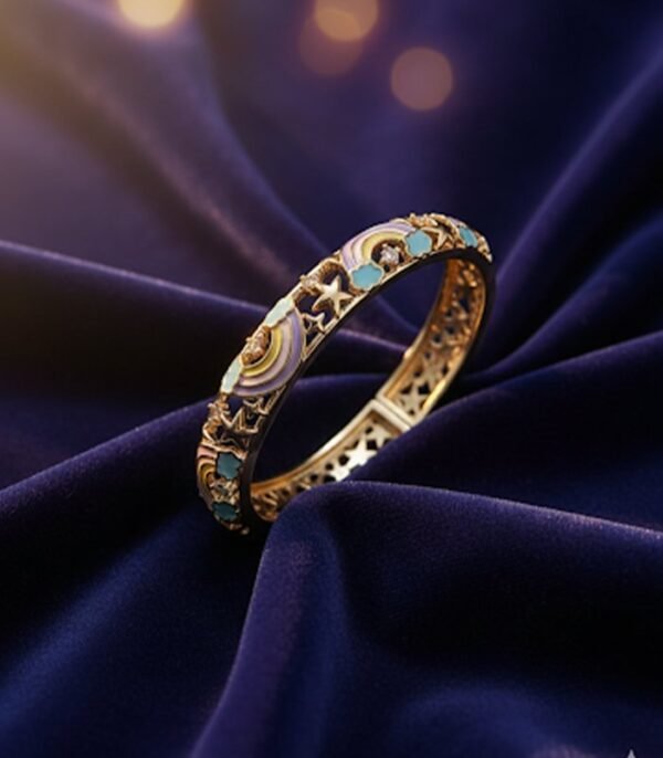 Ornate Gold-Tone Bangle with Turquoise and Enamel Accents