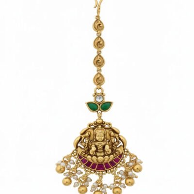 Antique Gold-Tone Maang Tikka with Lakshmi Motif, Pearl, and Gem Accents