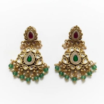 Antique Gold-Tone Kundan Earrings with Green Bead Drops