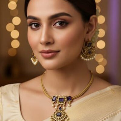 Antique Gold-Tone Geometric Necklace Set with Pink Pendants and Pearl Drops