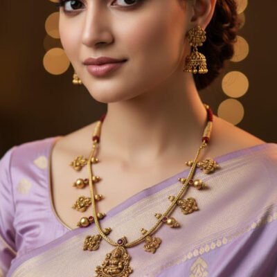 Antique Gold-Tone Simple Choker and Stud Set with Lakshmi and Traditional Motifs