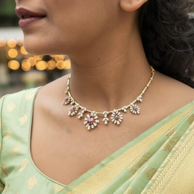 Gold-Tone Minimalist Choker Set with Floral Ruby and White Stone Accents