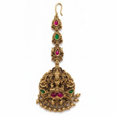 Antique Gold-Tone Maang Tikka with Kundan and Temple Artistry