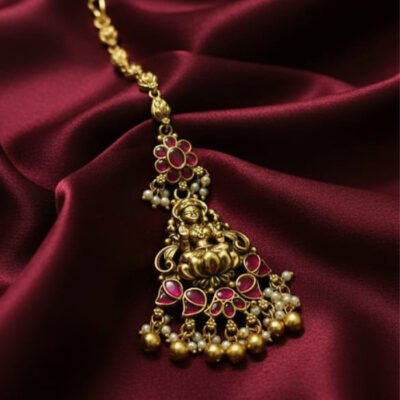 Antique Gold-Tone Maang Tikka with Pink Ruby and Pearl Drops