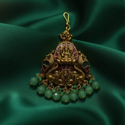 Antique Gold-Tone Maang Tikka with Gaja Lakshmi and Green Jade Drops